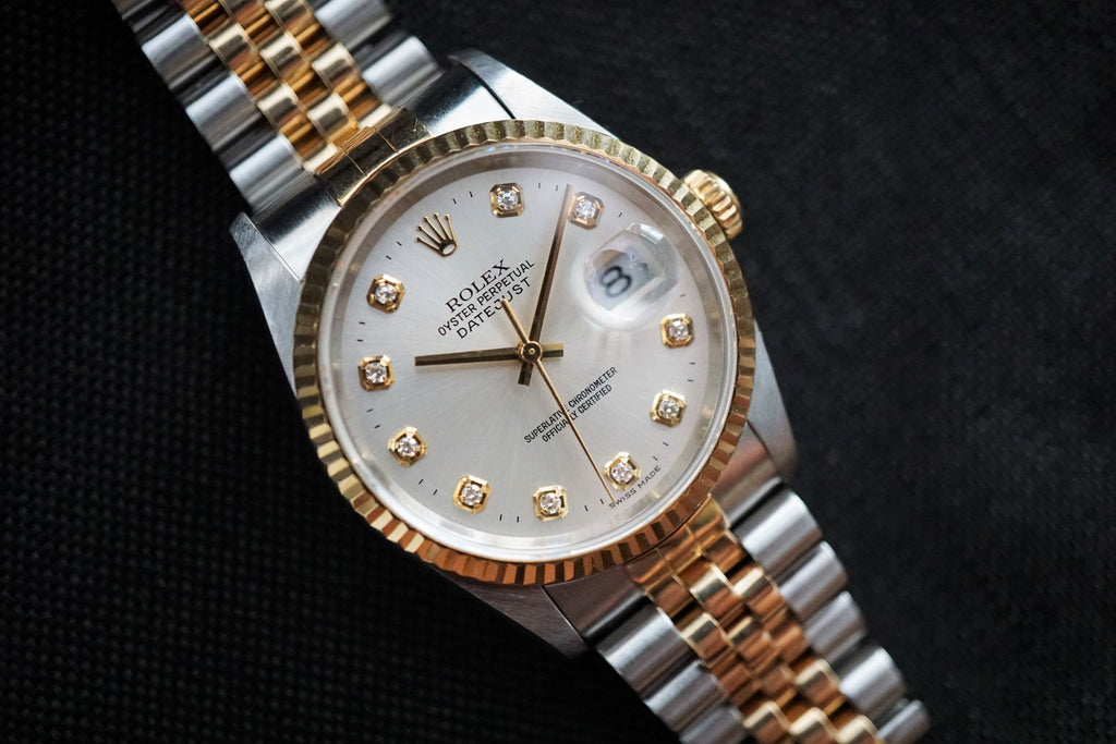 SOLD 1995 Rolex Datejust 16233 Factory Diamond Silver Dial